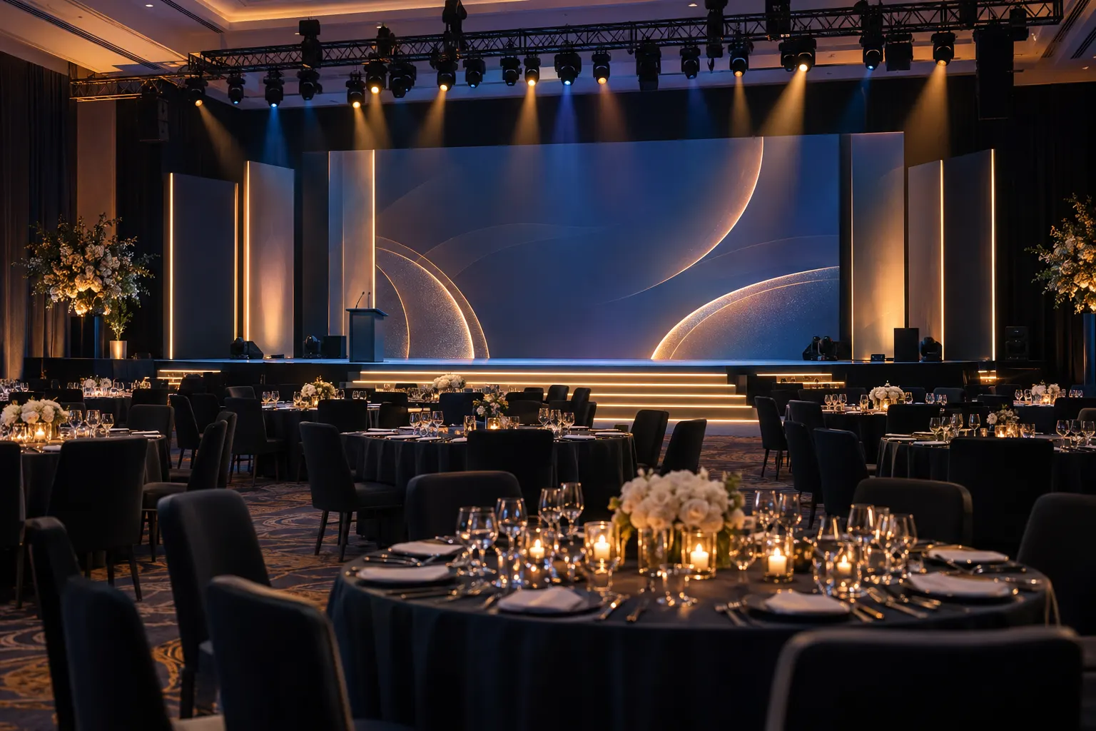 Illustrative corporate event with refined stage lighting